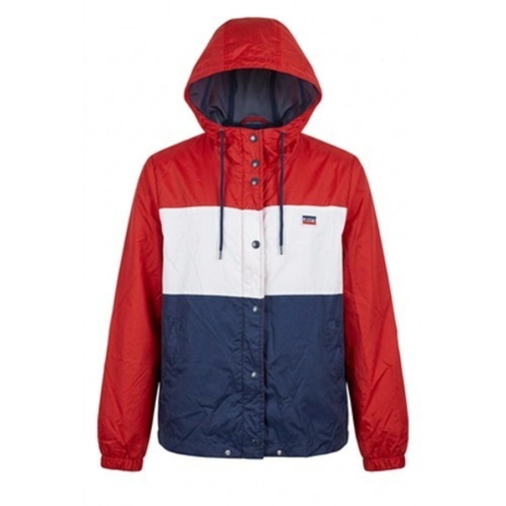 VTG Levi's Jacket Men L Red White Blue Hooded Windbreaker Colorblock Striped USA